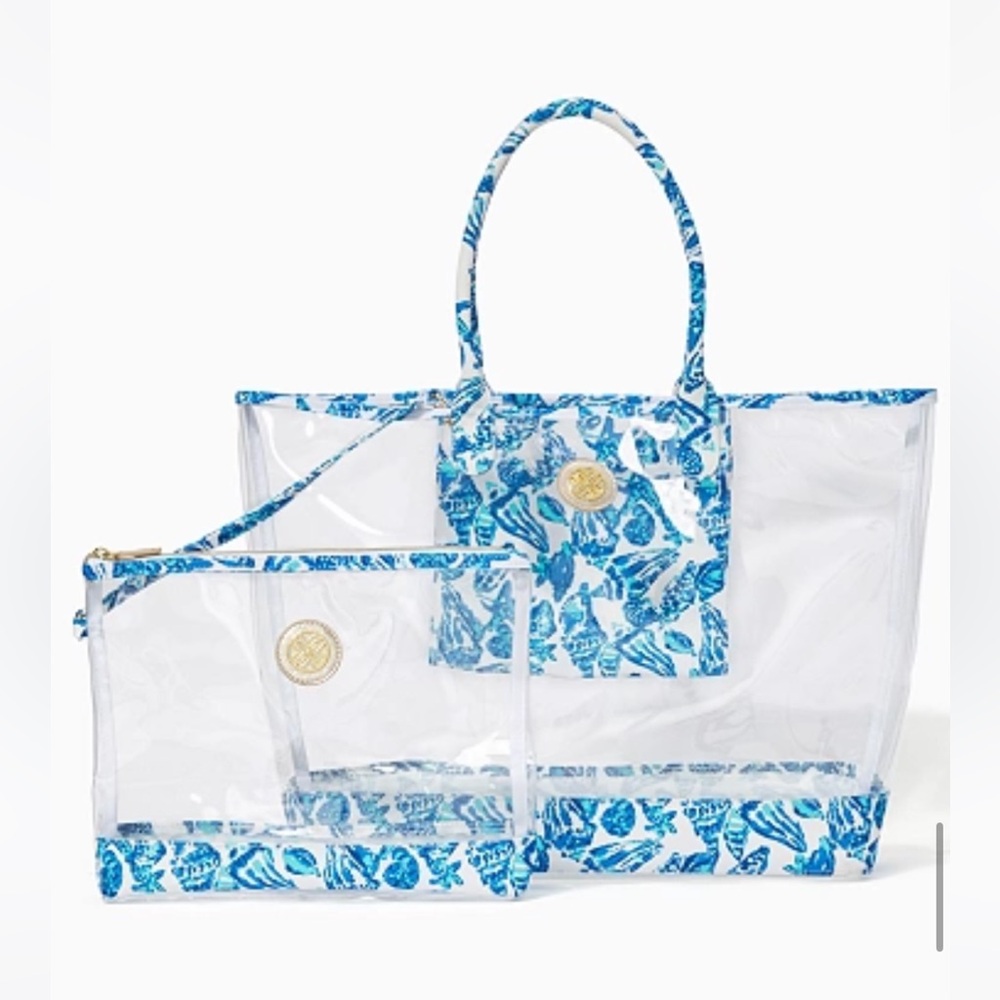 Large Lilly Pulitzer clear tote bag with wristlet used but good condition